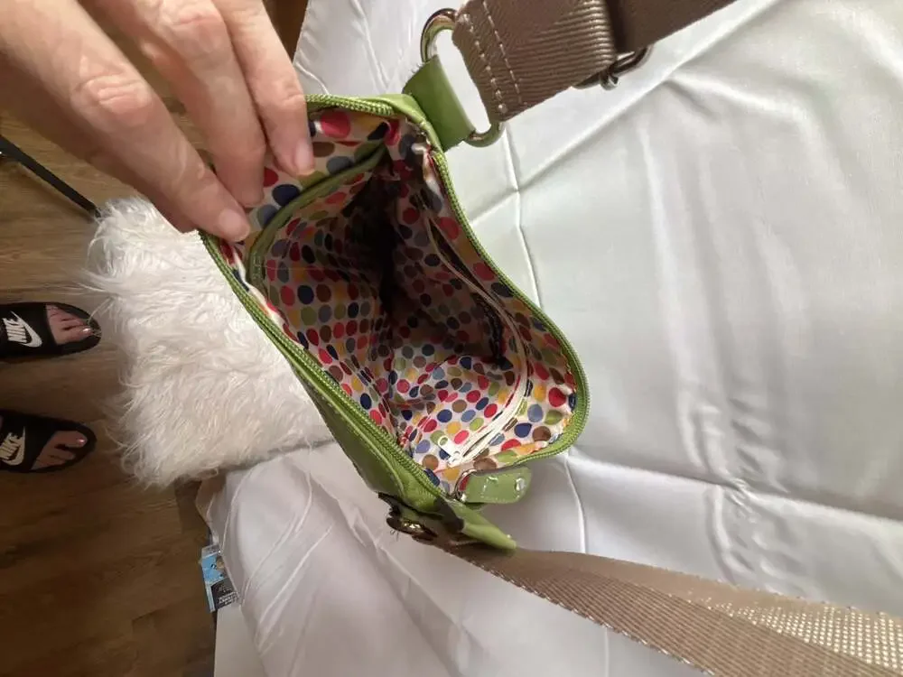 Franco Sarto Green Faux Leather Multi-Pocket Crossbody Bag with Polka Dot Interi